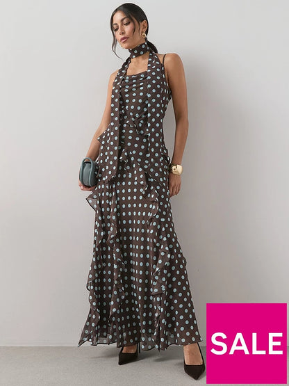 Polkadot Scarf Detail Ruffle Maxi Dress