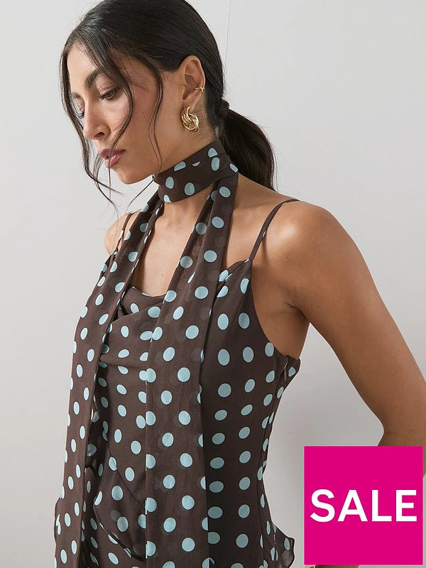 Polkadot Scarf Detail Ruffle Maxi Dress