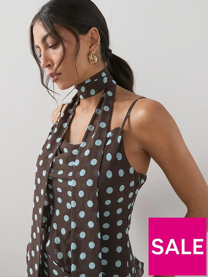 Polkadot Scarf Detail Ruffle Maxi Dress