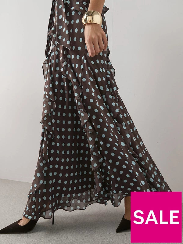 Polkadot Scarf Detail Ruffle Maxi Dress
