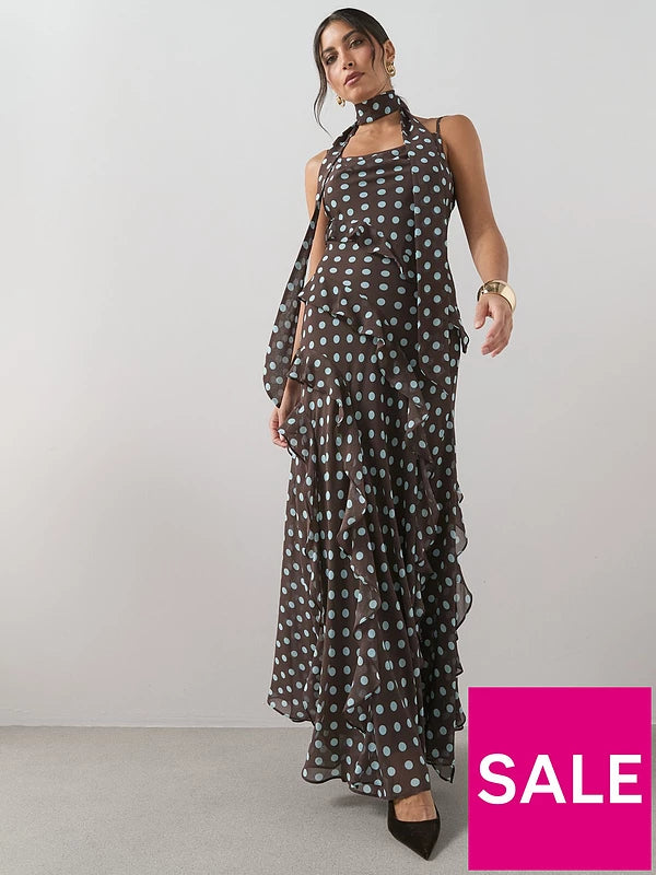 Polkadot Scarf Detail Ruffle Maxi Dress