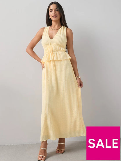 Textured V-Neck Sleeveless Dress Yellow