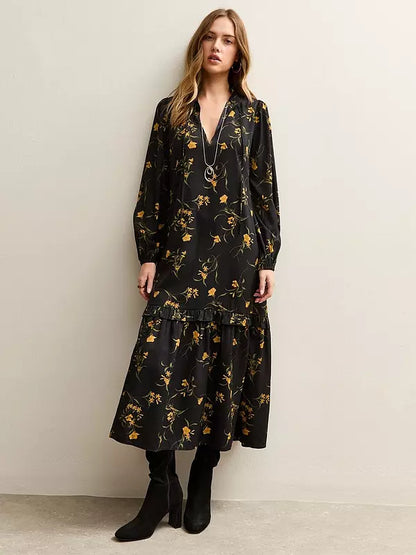 Botanical Crepe Smock Midi Dress