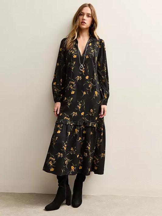 Botanical Crepe Smock Midi Dress