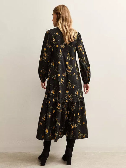 Botanical Crepe Smock Midi Dress