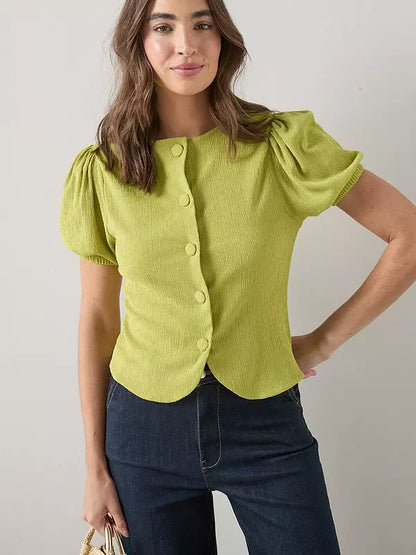 Puff Sleeve Button-Up Top Green