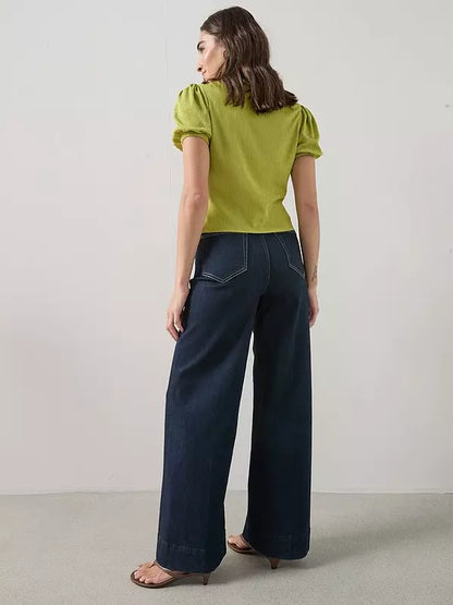 Puff Sleeve Button-Up Top Green