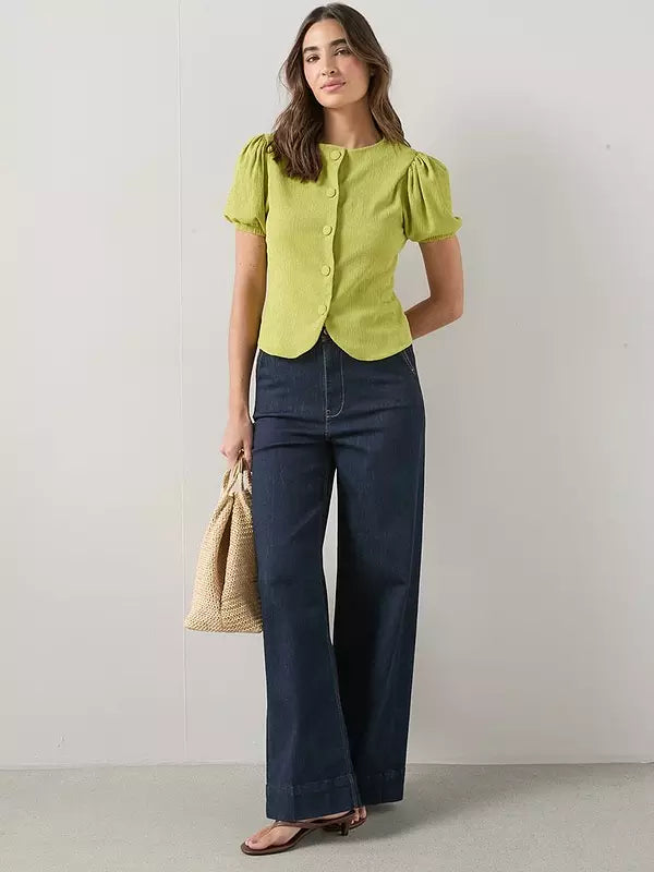 Puff Sleeve Button-Up Top Green