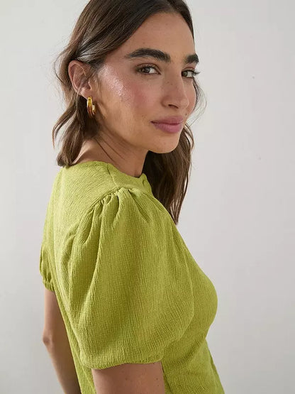 Puff Sleeve Button-Up Top Green