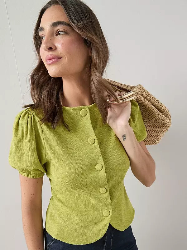 Puff Sleeve Button-Up Top Green