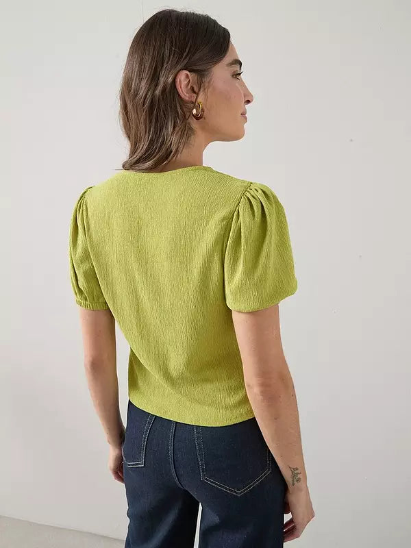 Puff Sleeve Button-Up Top Green