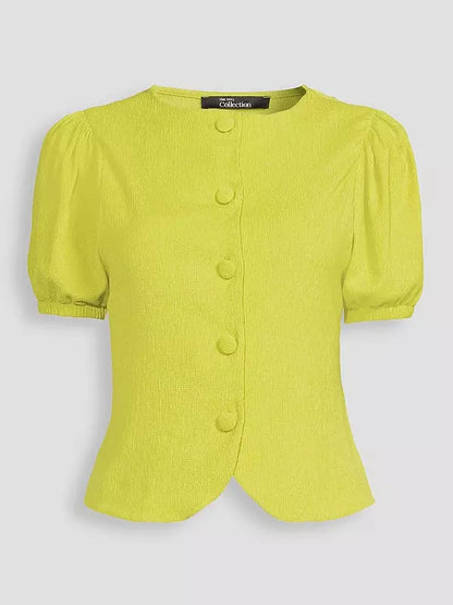 Puff Sleeve Button-Up Top Green