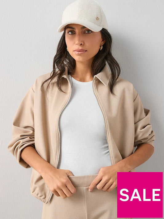 Pique Collar Detail Pleat Sleeve Jacket Stone