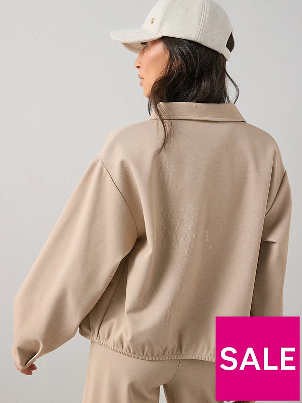 Pique Collar Detail Pleat Sleeve Jacket Stone