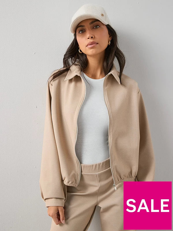 Pique Collar Detail Pleat Sleeve Jacket Stone