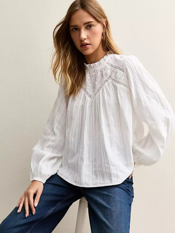 Embroidered long Sleeve Blouse White