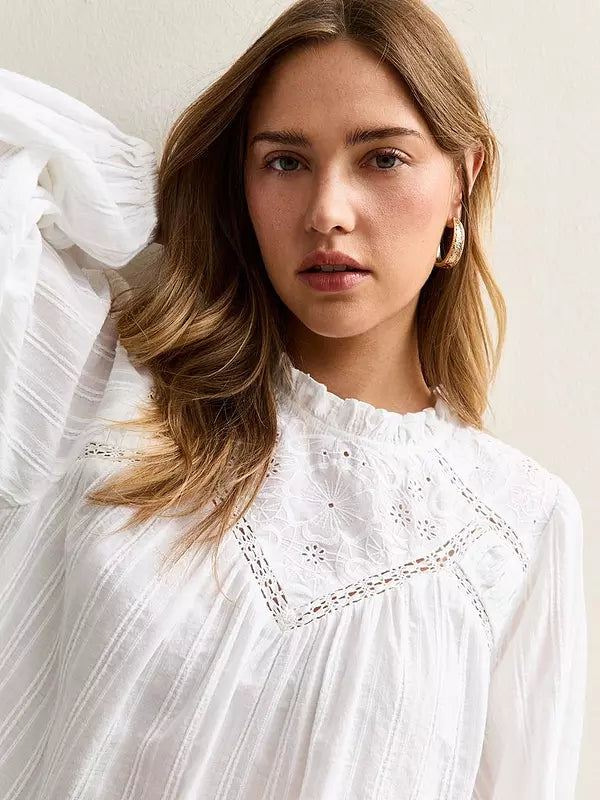 Embroidered long Sleeve Blouse White