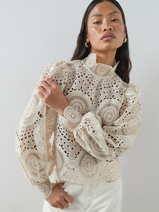 Lace High Neck Blouse- Cream