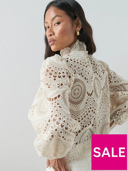 Lace High Neck Blouse- Cream