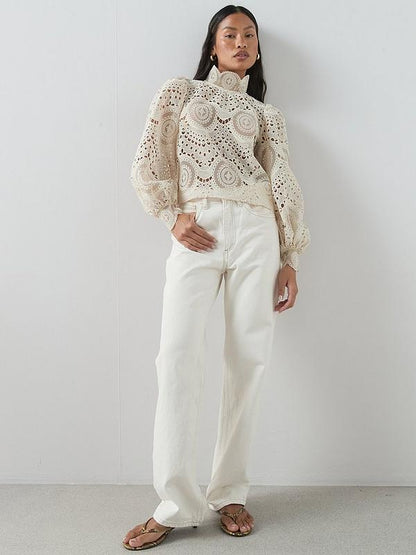 Lace High Neck Blouse- Cream