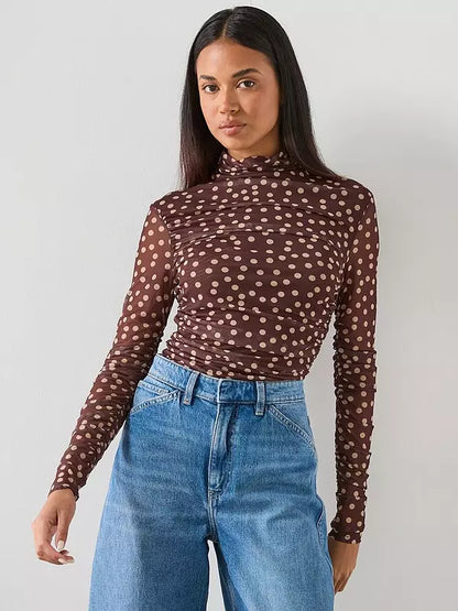 Ruched Polkadot T-Shirt-Brown