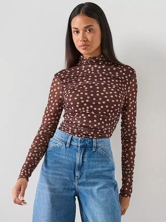 Ruched Polkadot T-Shirt-Brown