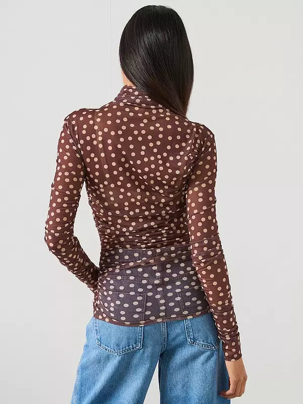 Ruched Polkadot T-Shirt-Brown