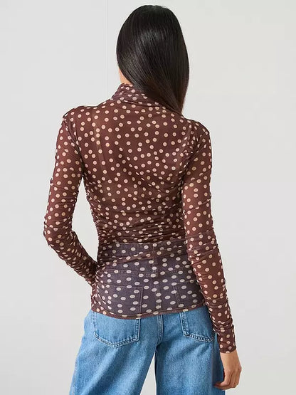 Ruched Polkadot T-Shirt-Brown
