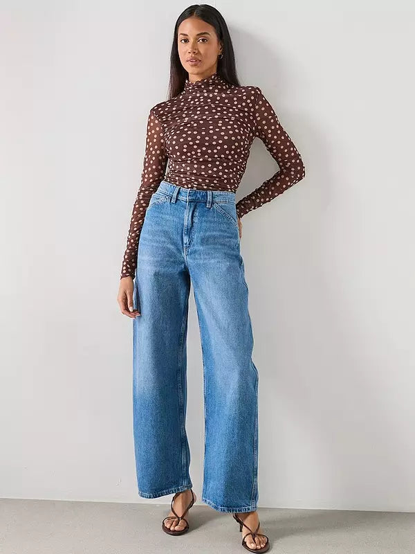 Ruched Polkadot T-Shirt-Brown