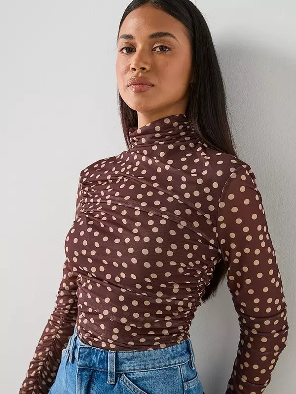 Ruched Polkadot T-Shirt-Brown