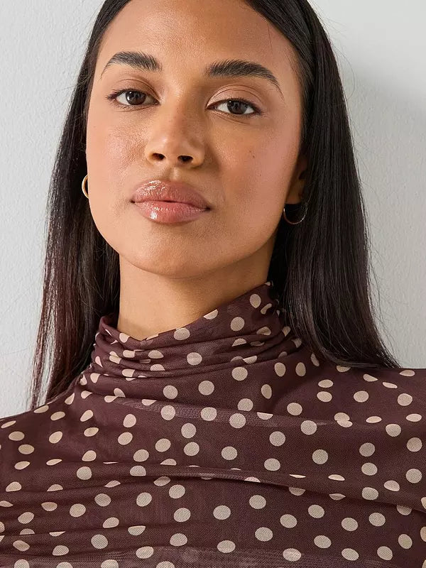 Ruched Polkadot T-Shirt-Brown