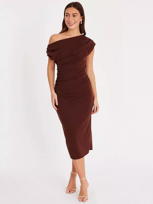 Brown Ruched Off Shoulder Midi Dress