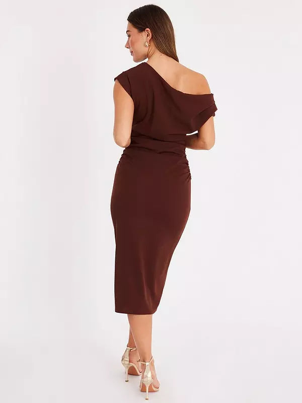Brown Ruched Off Shoulder Midi Dress