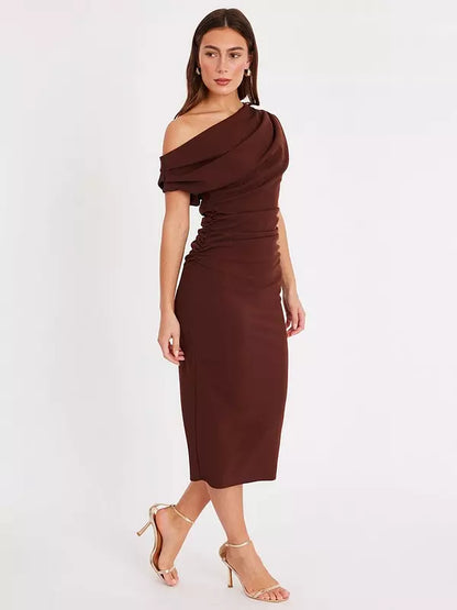 Brown Ruched Off Shoulder Midi Dress