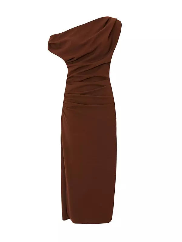 Brown Ruched Off Shoulder Midi Dress