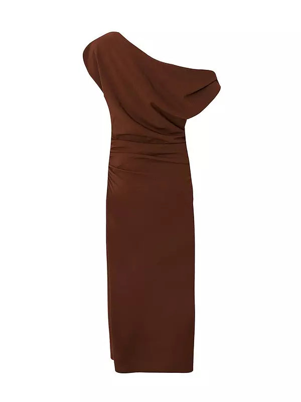 Brown Ruched Off Shoulder Midi Dress