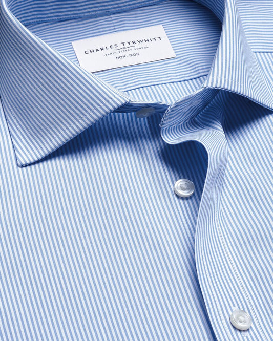 Double cuff Non-Iron Stretch Poplin Bengal Stripe Slim Fit Shirt – Cornflower Blue