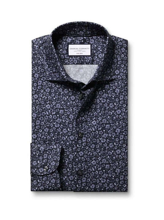 Non-Iron Stretch Floral Print Slim Fit Shirt - Blue