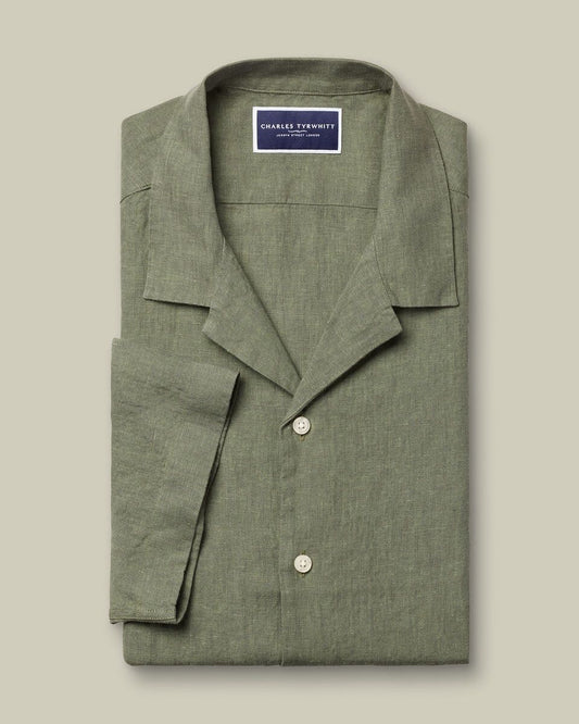 Short Sleeve Revere Pure Linen Slim Fit Shirt - Olive Green