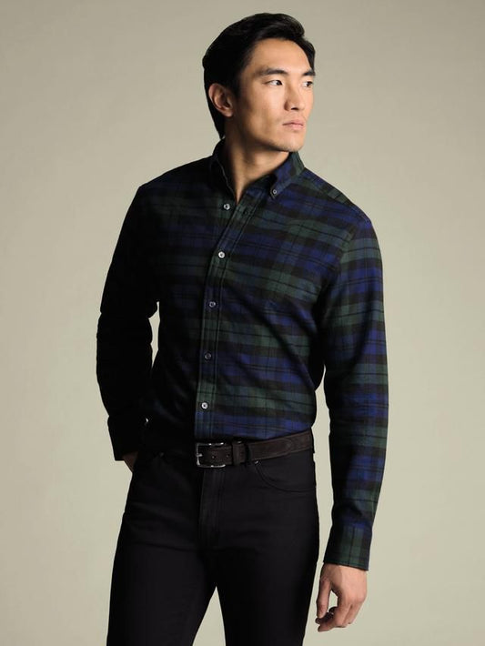 Brushed Flannel Check Slim Fit Shirt - Royal Blue & Green