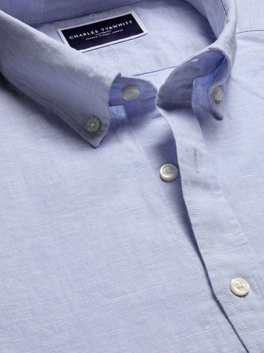 Button Down Pure Linen Slim Fit Shirt - Sky Blue