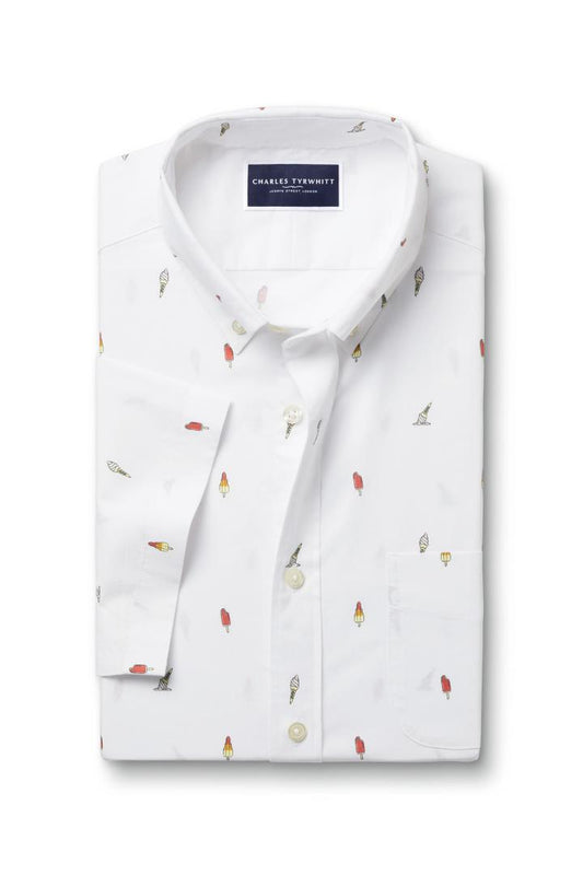 White Short Sleeve Cotton Slim Fit Shirt - Ice Cream Print