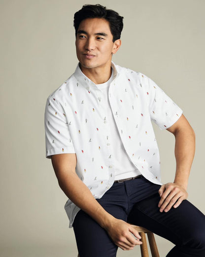 White Short Sleeve Cotton Slim Fit Shirt - Ice Cream Print
