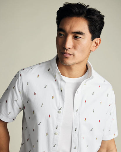 White Short Sleeve Cotton Slim Fit Shirt - Ice Cream Print