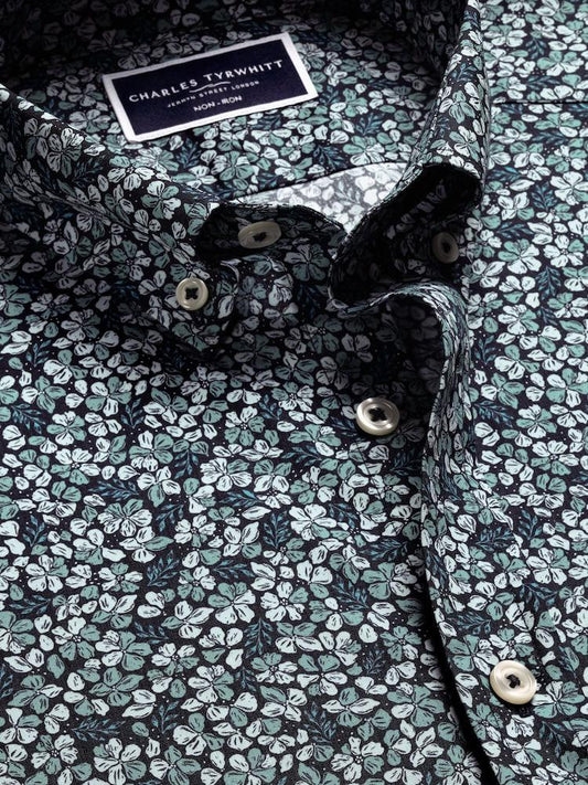 Non-Iron Short Sleeve Stretch Classic Fit Shirt - Navy Floral Print