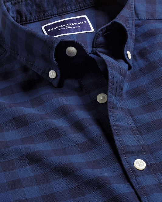 Button-Down Checked Stretch Extra Slim Fit Shirt - Navy Blue