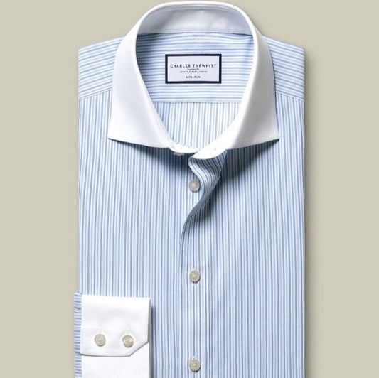 Non-Iron Stretch Poplin Stripe Winchester Slim Fit Shirt - Mid Blue