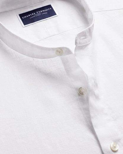 Collarless Pure Linen Slim Fit Shirt - White