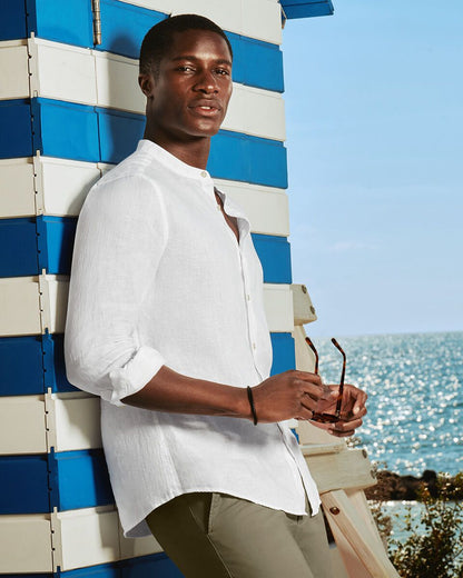 Collarless Pure Linen Slim Fit Shirt - White
