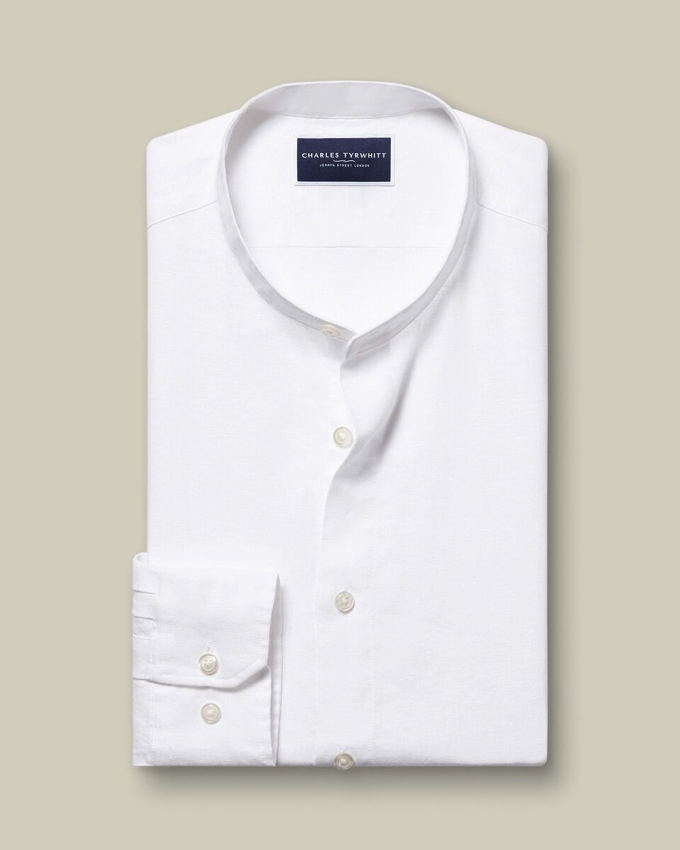 Collarless Pure Linen Slim Fit Shirt - White